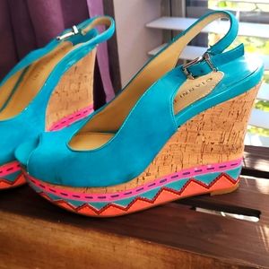 Teal and multicolored platform wedges